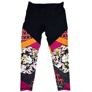 RBX Leggings Women's Small Floral Patchwork Active Black Pink Athleisure Floral